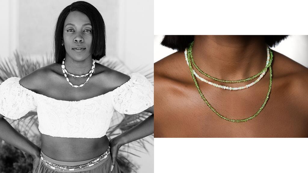 Designer Ama McKinley and her beaded necklaces, which are created so the wearer feels in touch with their body Ama McKinley and two of her beaded necklaces
